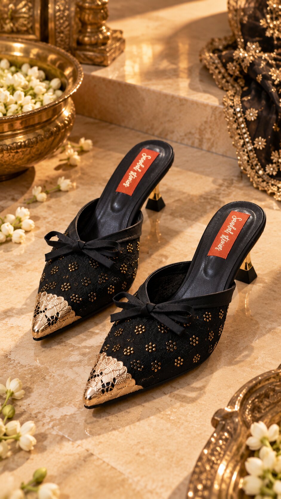 Embellished Mesh Kitten Heels with Statement Gold Accessories - Black