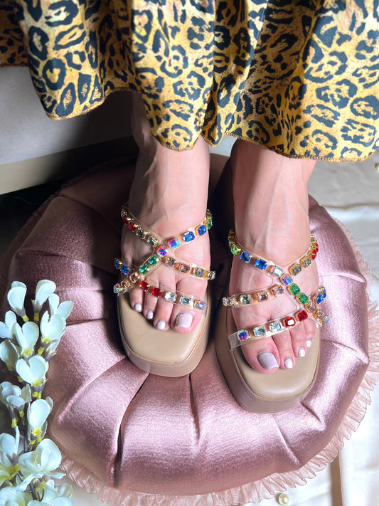 Rainbow Gem Strappy Wedges Sandal Stories