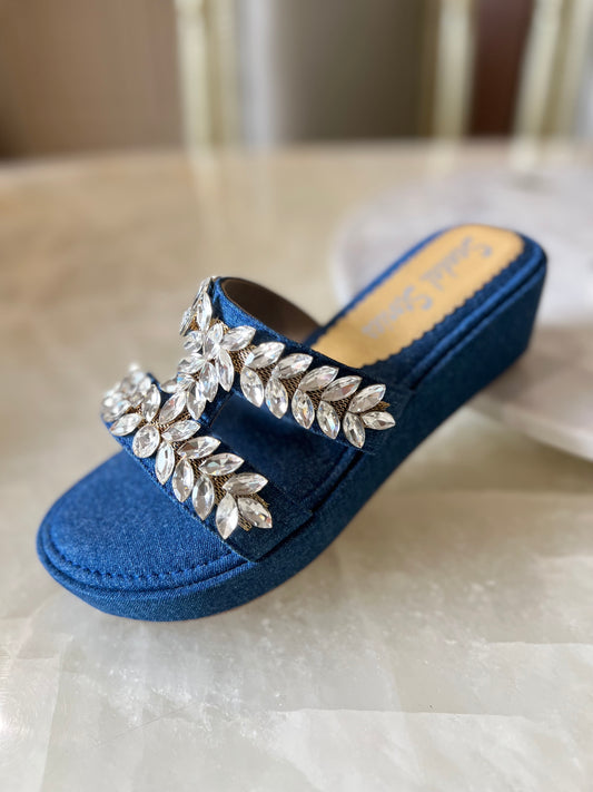 Denim Embellished Comfort Wedges