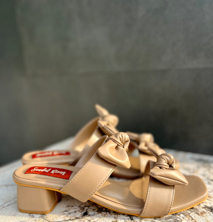 Beige Double Bow Block Heels