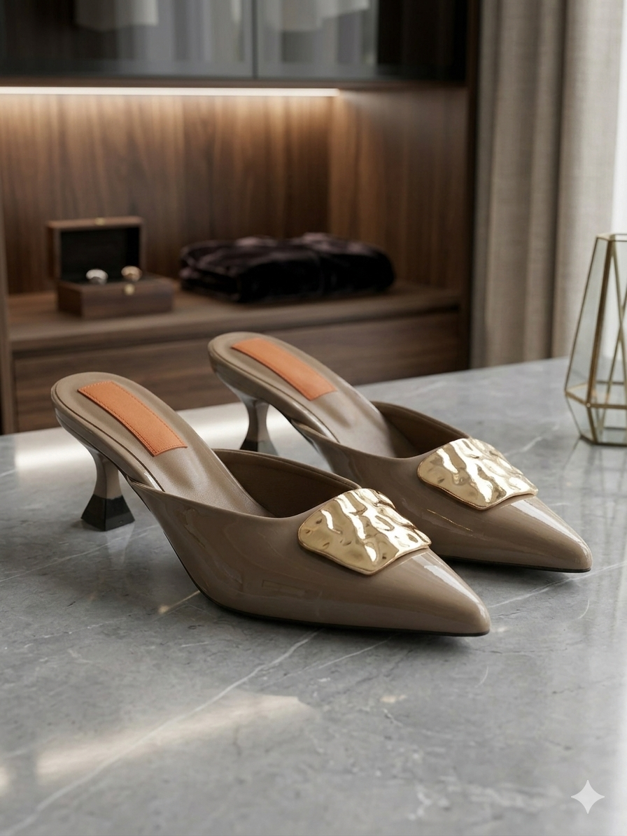 Statement Buckle Kitten Heels – Beige