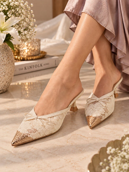 Lace Bow Pointed Mules - Ivory | Kitten Heels