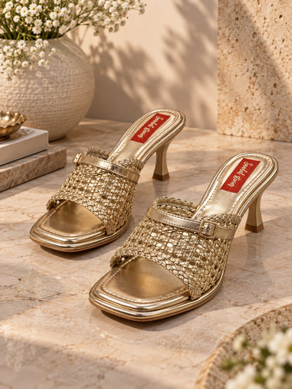 Golden Woven Luxe Block Heel | 2 Inch