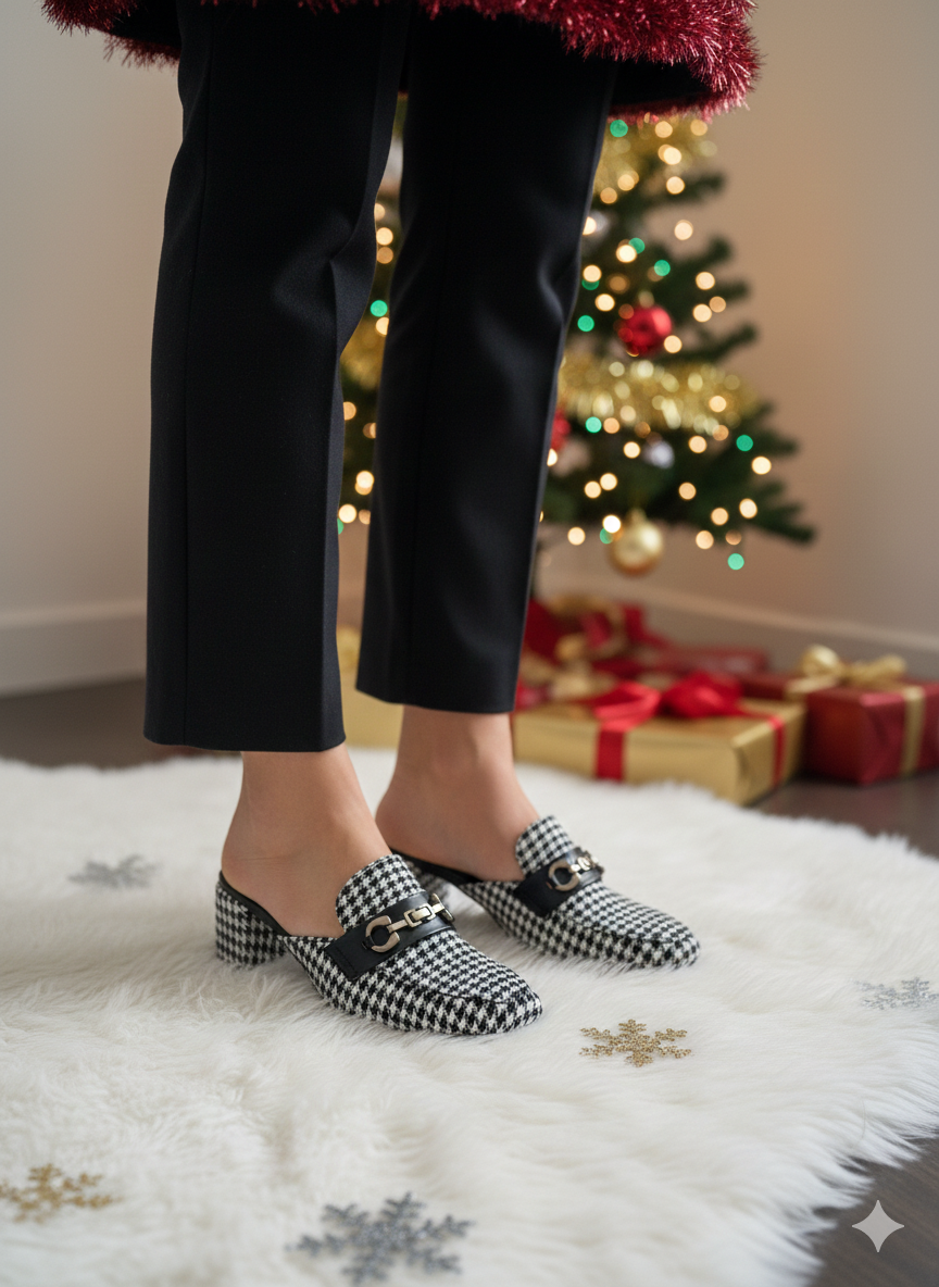 Monochrome Textured Weave Block Heel Mules