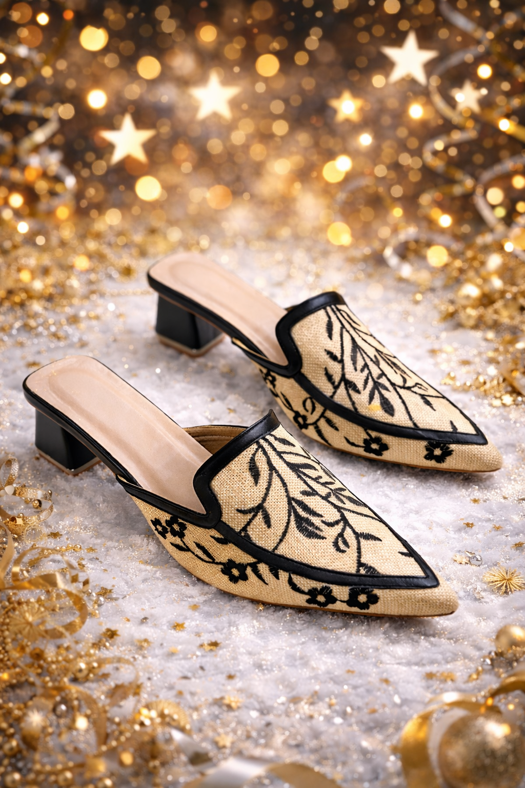 Ivory Noir Embroidered Block-Heel Mules