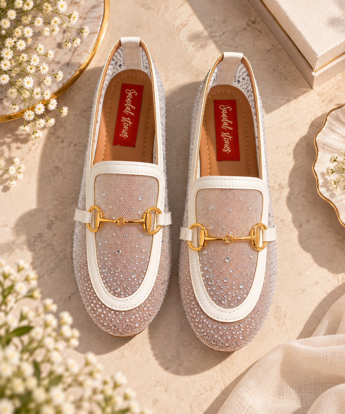 Crystal Mesh Embellished Loafers - White