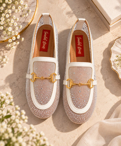 Crystal Mesh Embellished Loafers - White