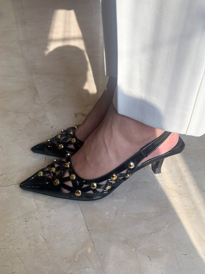 Black Patent Studded Cutwork Flats