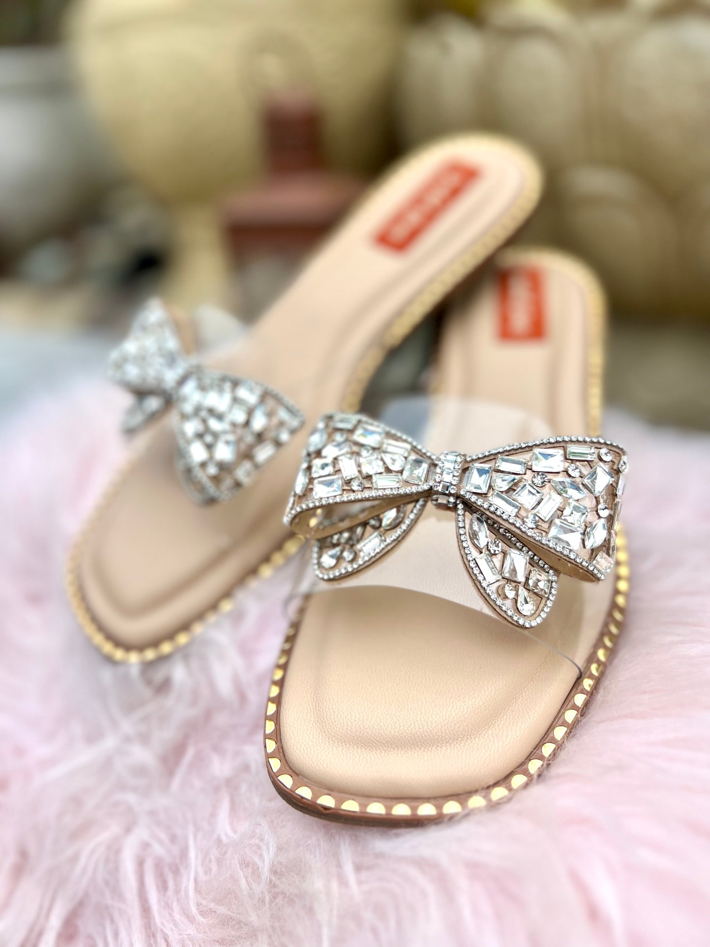 Crystal Bow Embellished Nude Flats