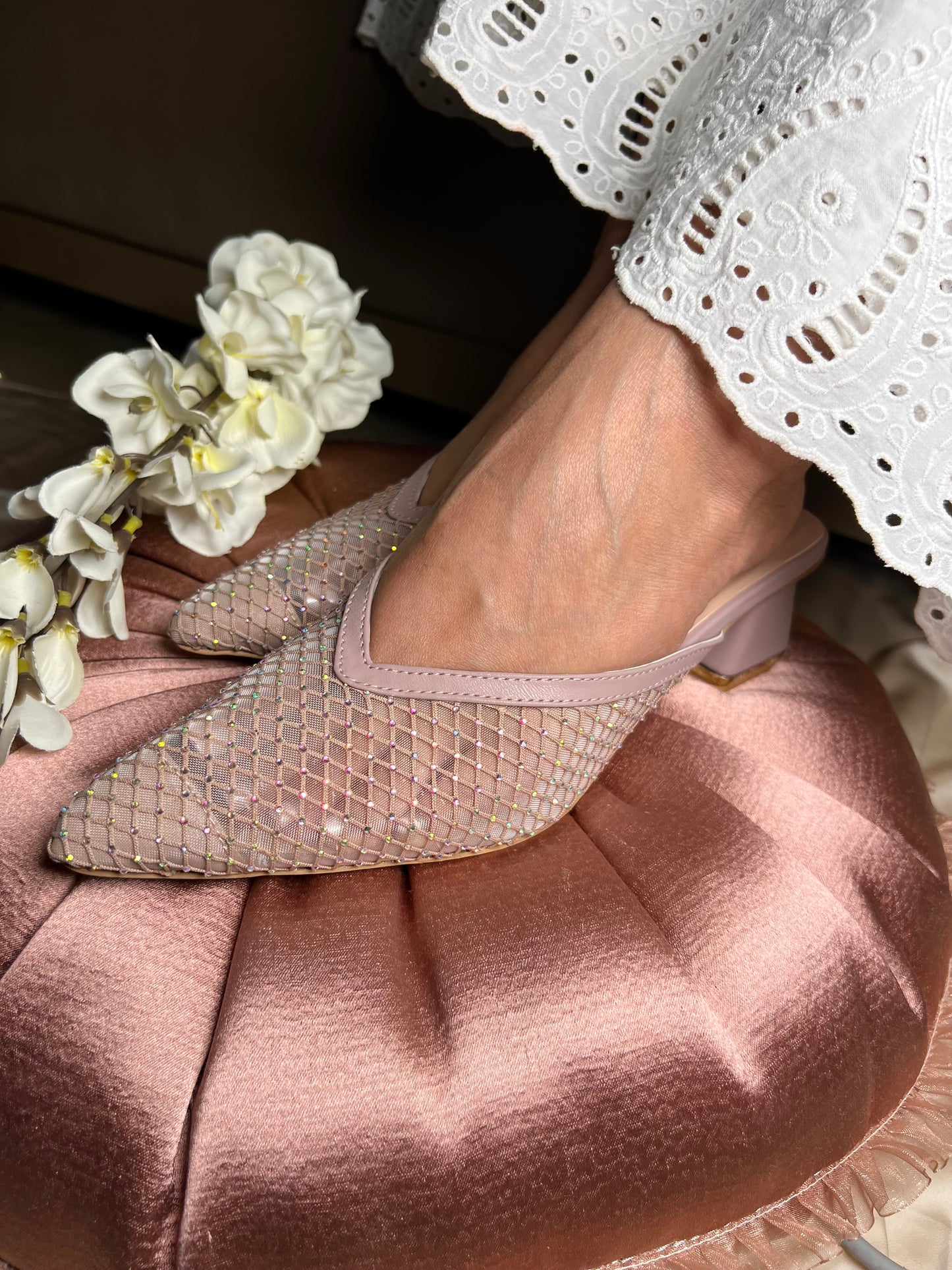 Blush Mesh Charm Block Heels