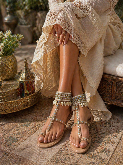 Crystal & Shell Embellished Tie-Up Gladiator