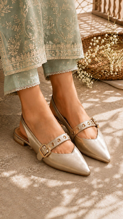 Champagne Gold Eyelet Slingback Ballerinas