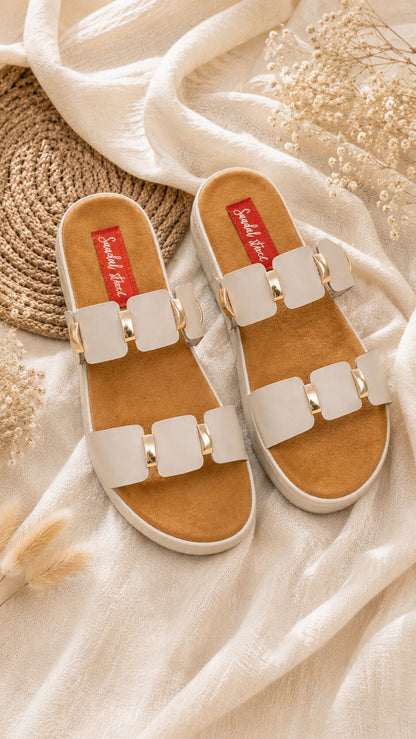 Beige Double Buckle Comfort Sliders