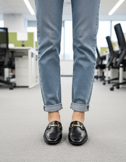 Black Croc-Texture Buckle Mules