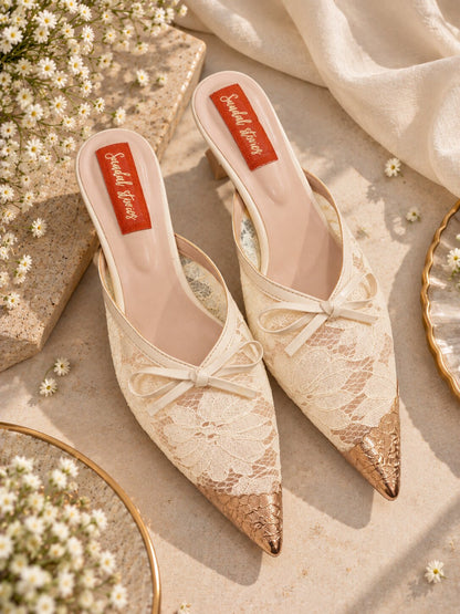 Lace Bow Pointed Mules - Ivory | Kitten Heels