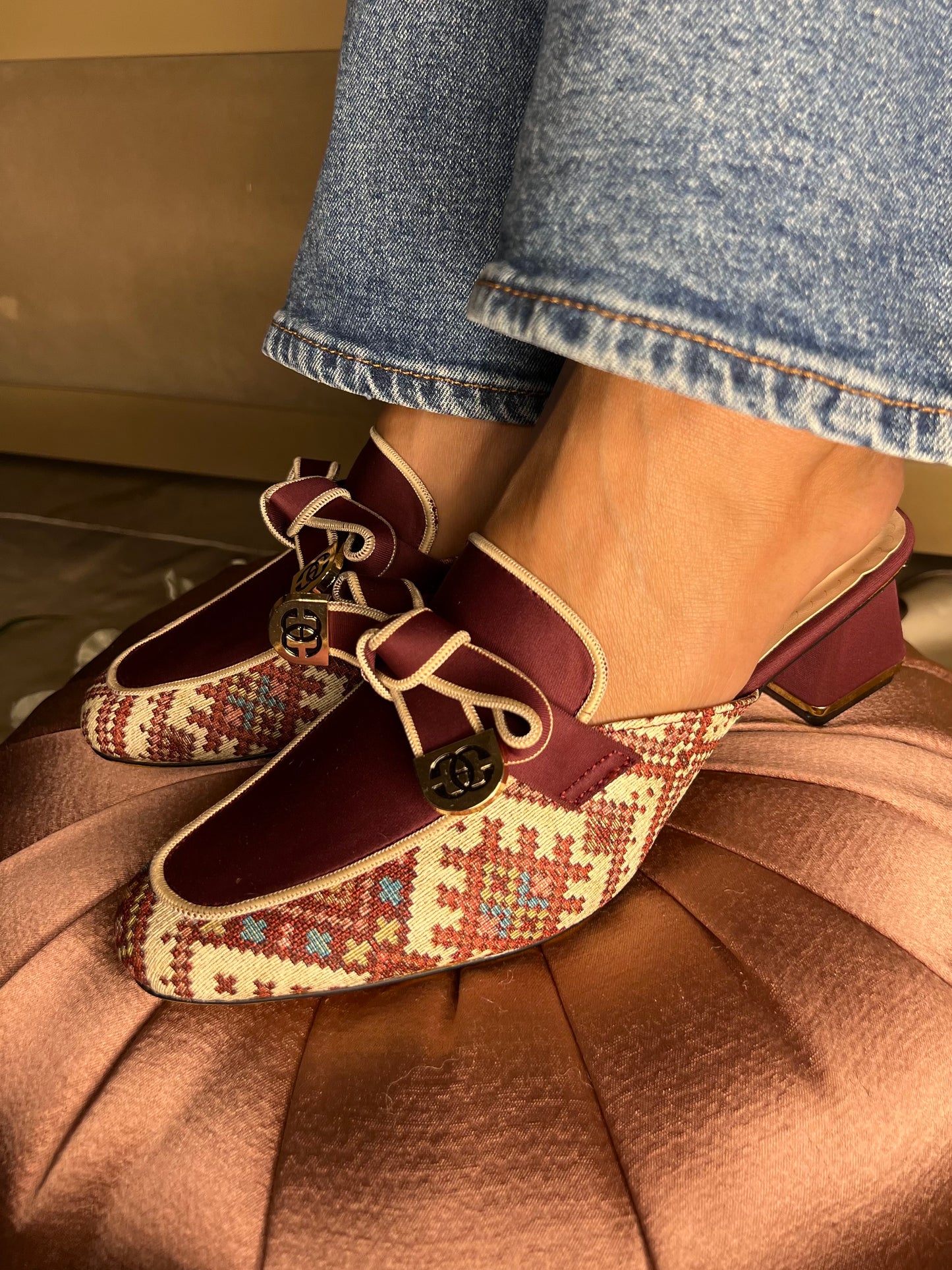 Maroon Patterned Weave Mules