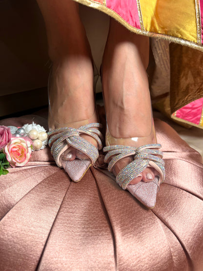 Crystal Knot Transparent Heels – Rose Gold