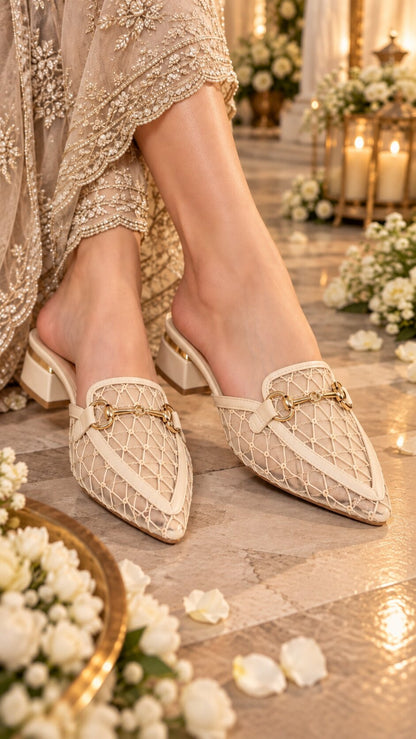 Nude Mesh Luxe Pointed Mules | 1 Inch Heel
