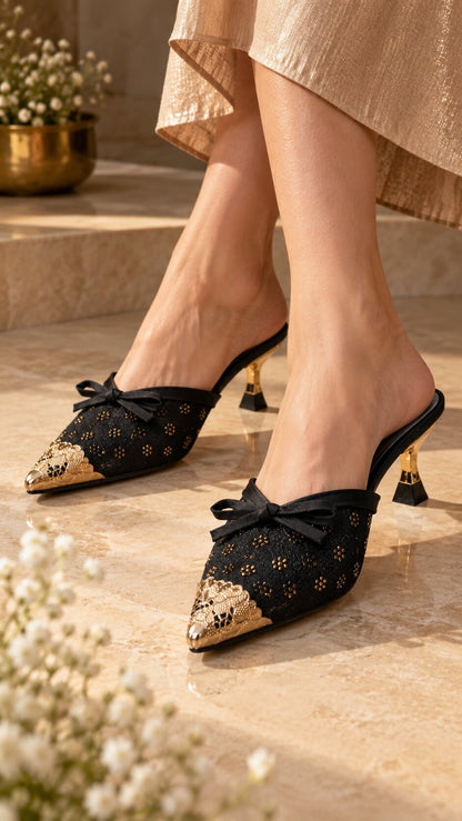 Embellished Mesh Kitten Heels with Statement Gold Accessories - Black