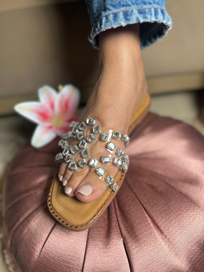 Crystal Chic Strappy Flats - Silver