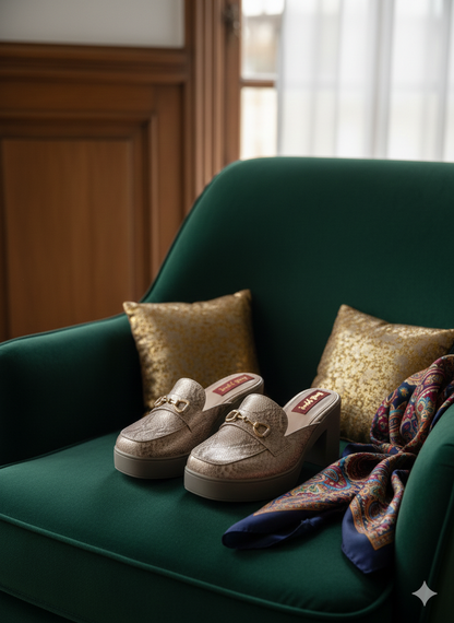 Rose Gold Foil Block Heel Mules