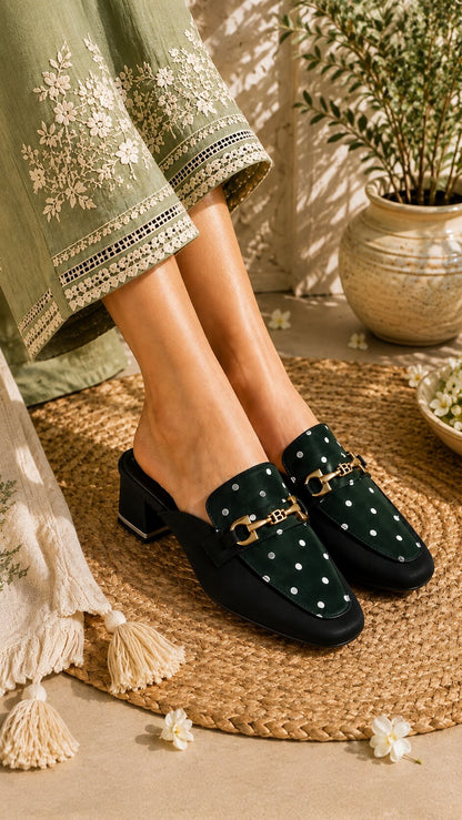 Midnight Polka Dot Buckle Block Heel Mules