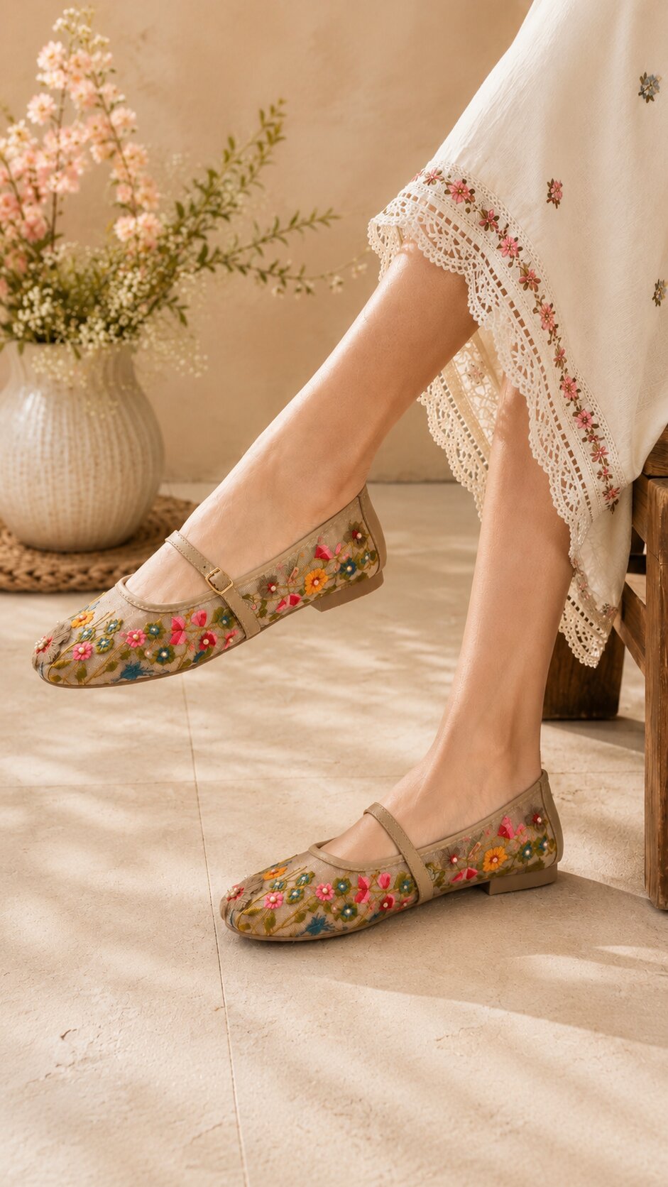 Garden Bloom Embroidered Mary Jane Ballerinas