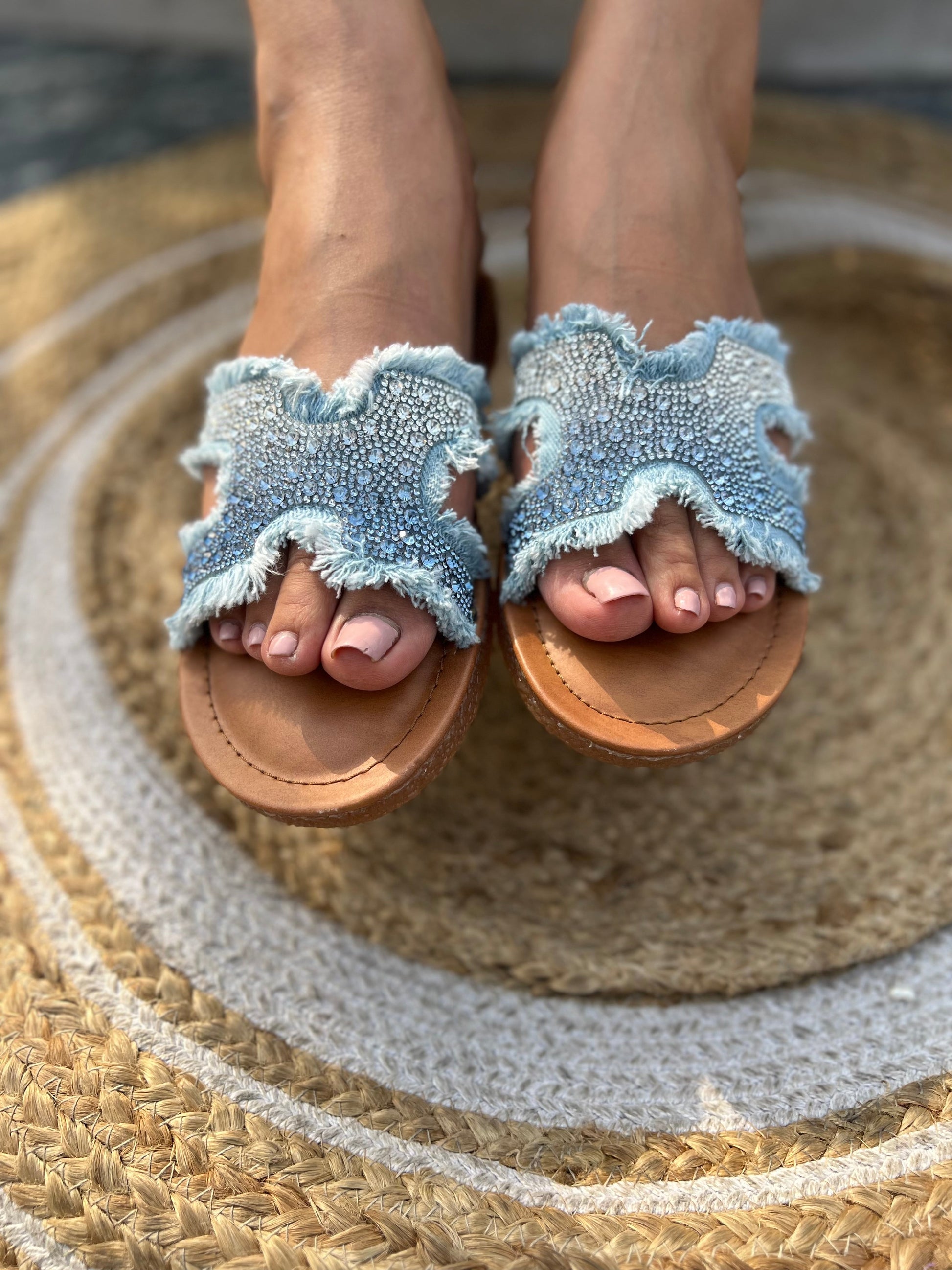 Crystal Denim Chic – Handcrafted Flats Sandal Stories