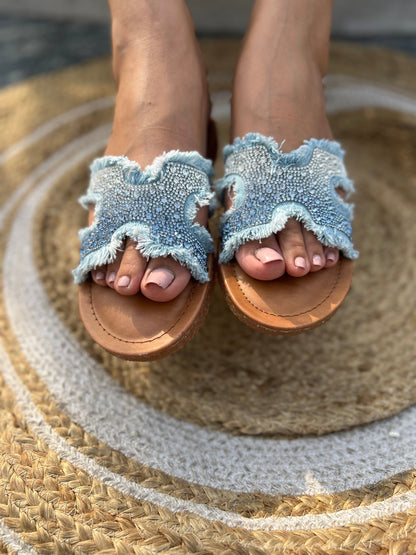 Crystal Denim Chic – Handcrafted Flats Sandal Stories