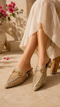 Golden Mesh Luxe Pointed Mules | 1 Inch Heel