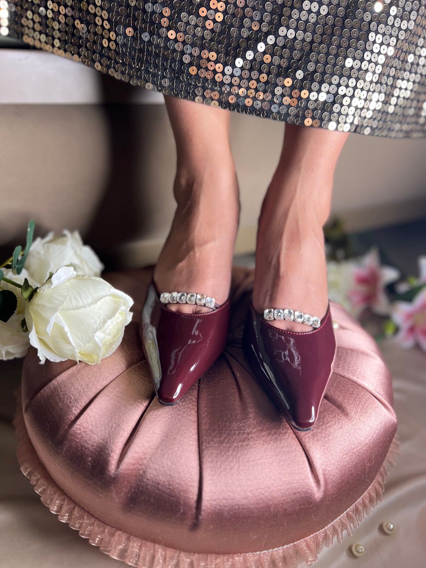 Red Wine Crystal Kitten Heels