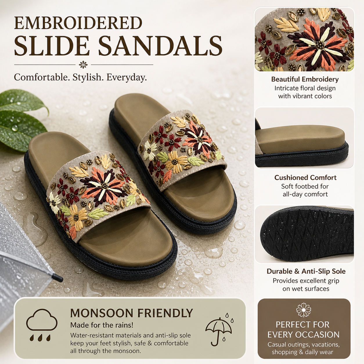 Monsoon Bloom Embroidered Sliders | Monsoon Friendly