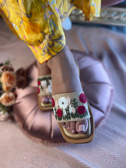 Red & White Embroidered Slide Sandals | 1.5 Inches