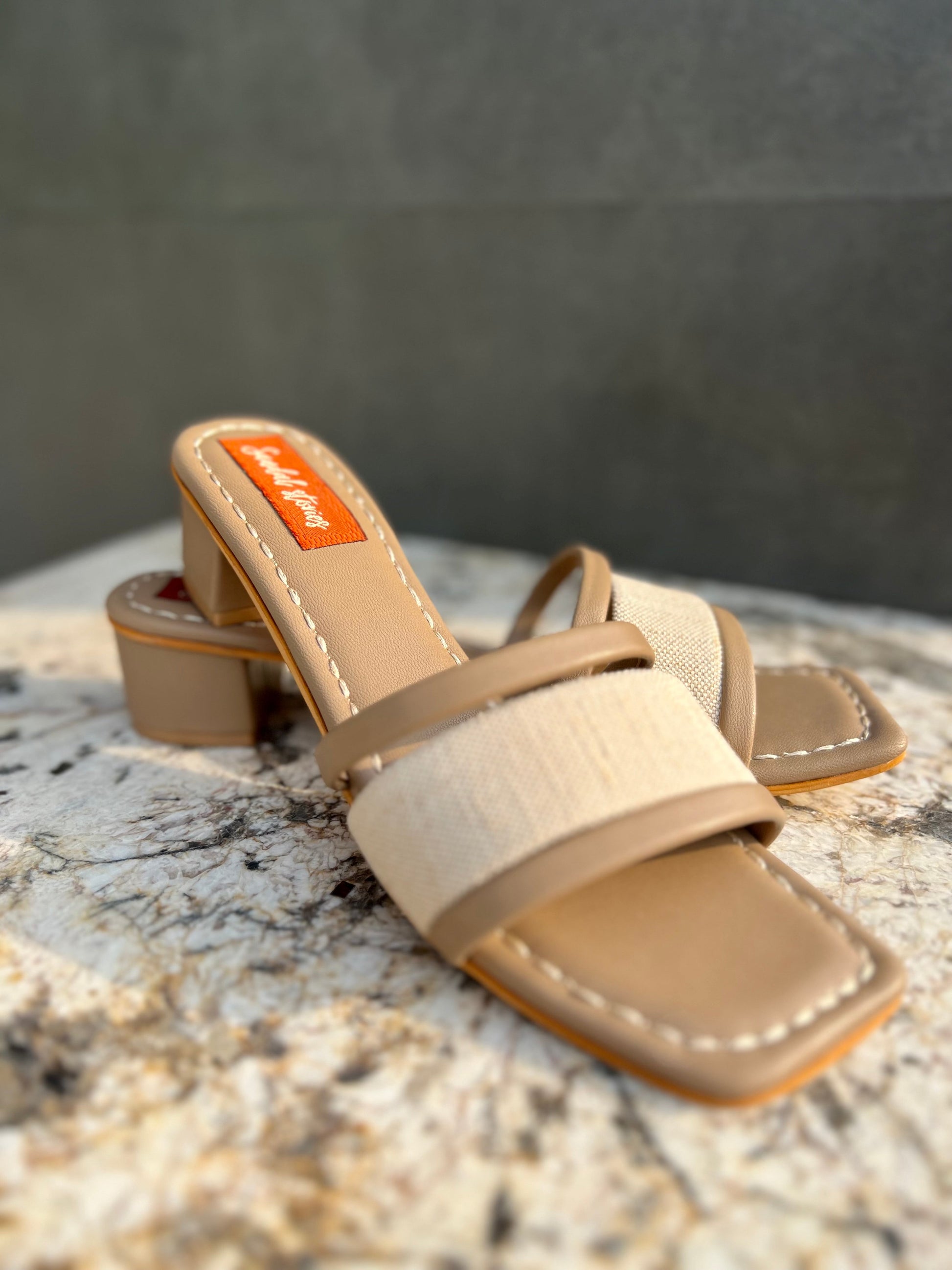 Beige Textured Low Block Heel Sandal Stories