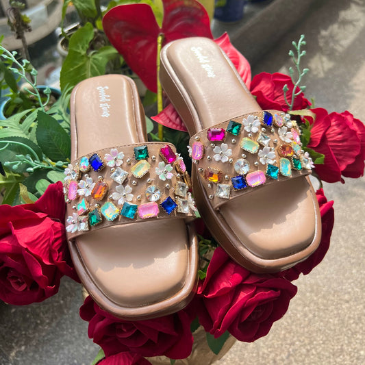 Multicolor Jewel-Embellished Nude Wedges