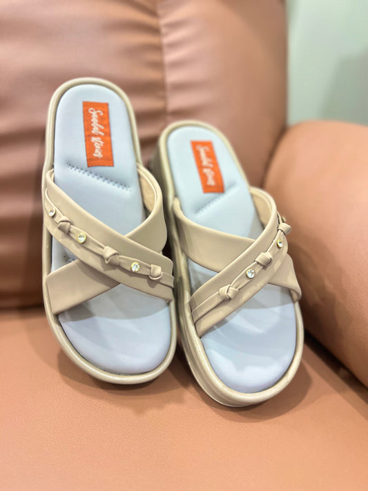 Soft Beige Crystal Cross Wedges Sandal Stories