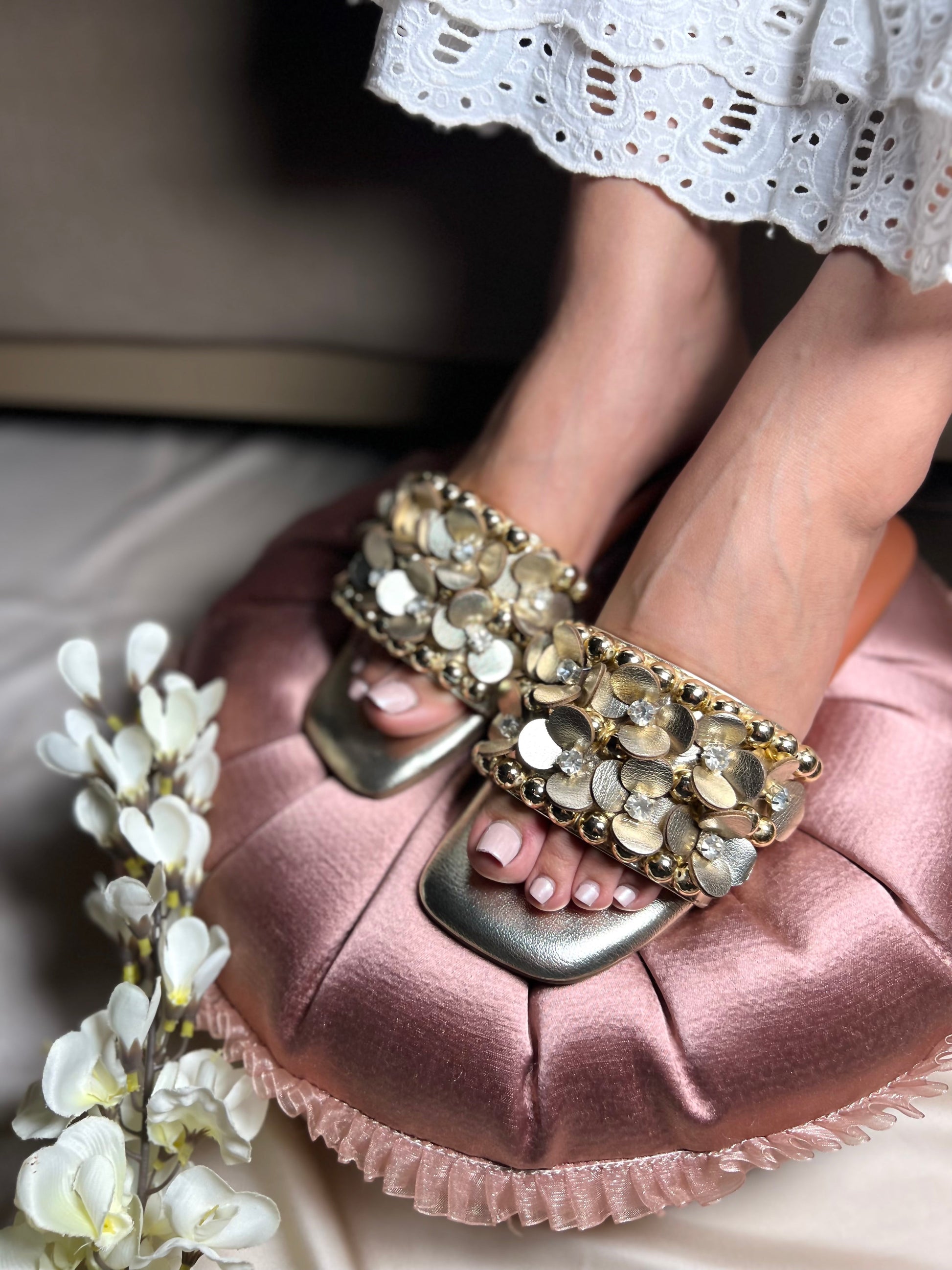 Golden 3D Flower Embellished Flats Sandal Stories