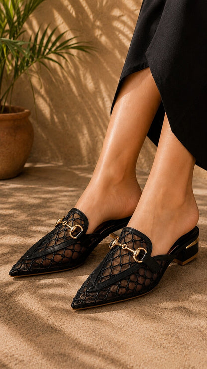 Midnight Mesh Luxe Pointed Mules | 1 Inch Heel