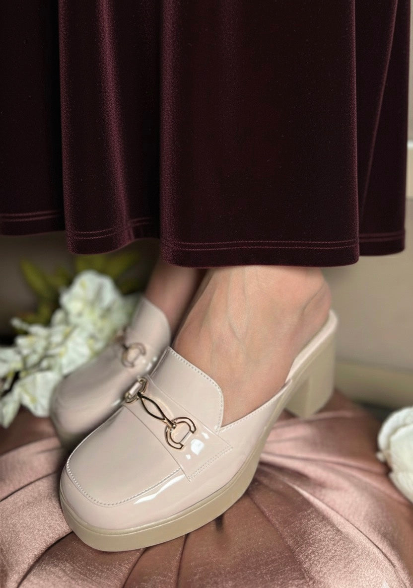 Nude Beige Block Heel Mules