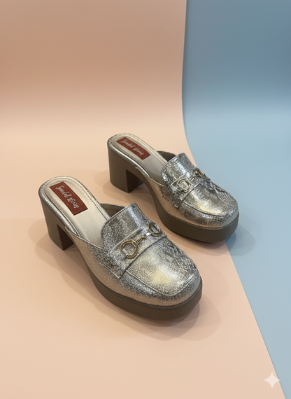 Gold Foil Block Heel Mules