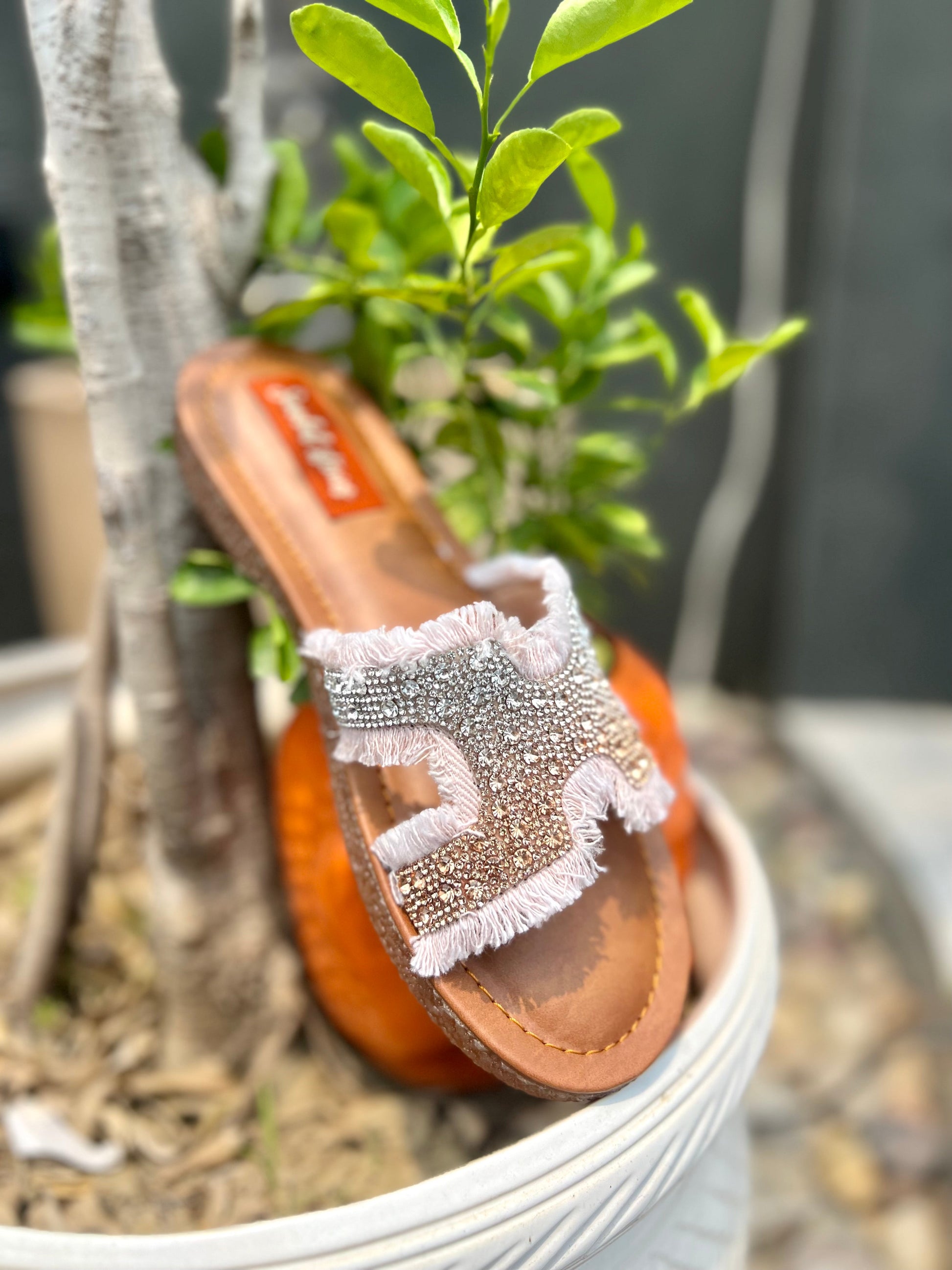 Pink Denim Chic Crystal Glam Slides Sandal Stories