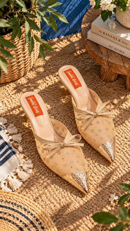 Embellished Mesh Kitten Heels with Statement Gold Accessories - Beige