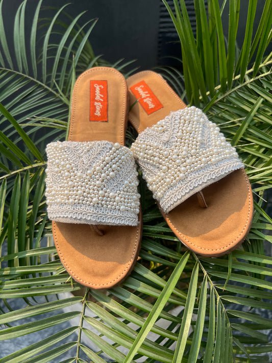 Pearl Embellished Handcrafted Flats – Ivory Elegance