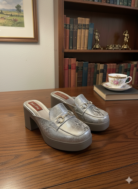 Gold Foil Block Heel Mules