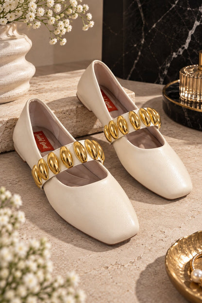 Mary Jane Statement Buckle Ballerinas - Ivory Cream
