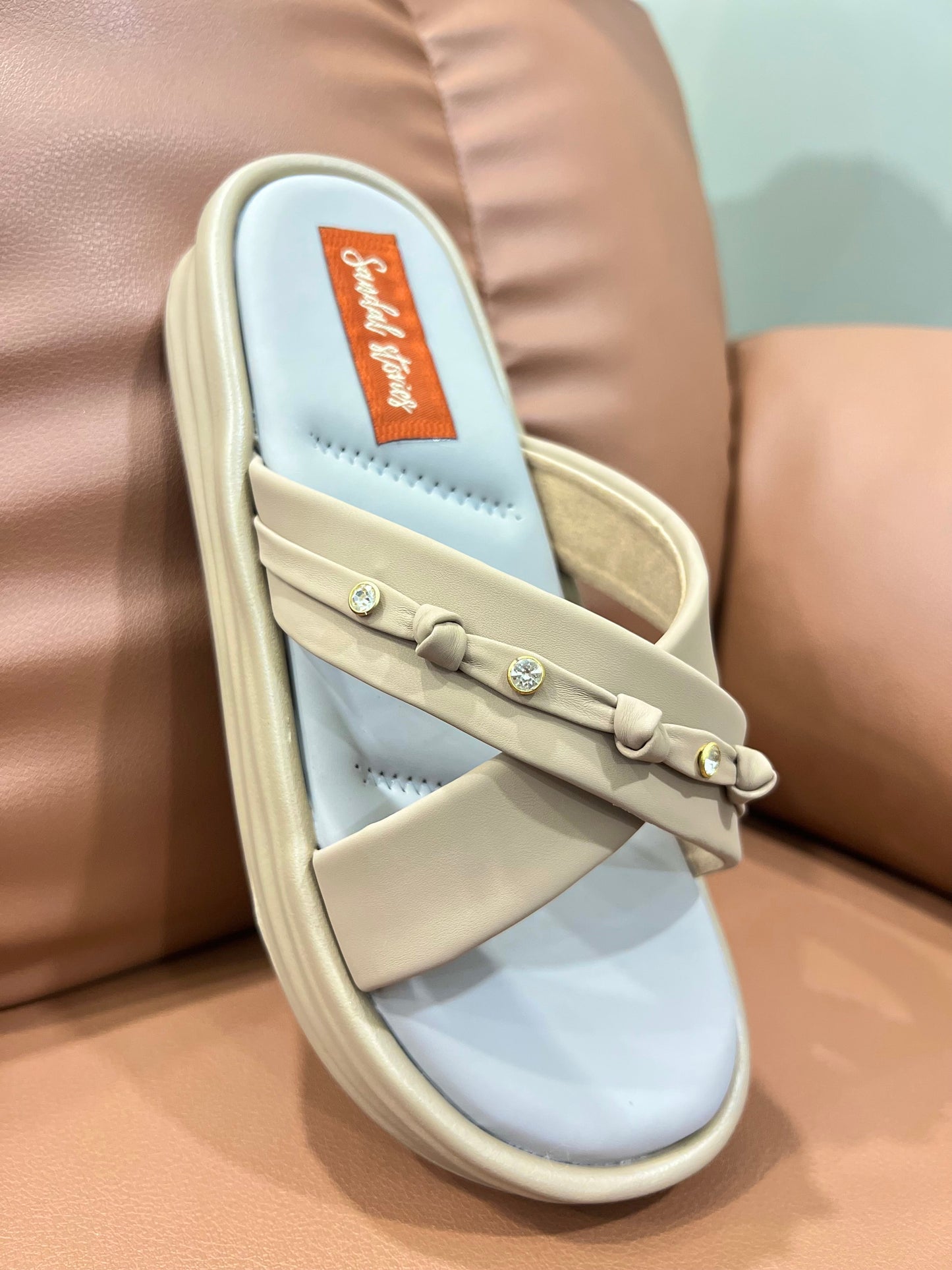 Soft Beige Crystal Cross Wedges Sandal Stories