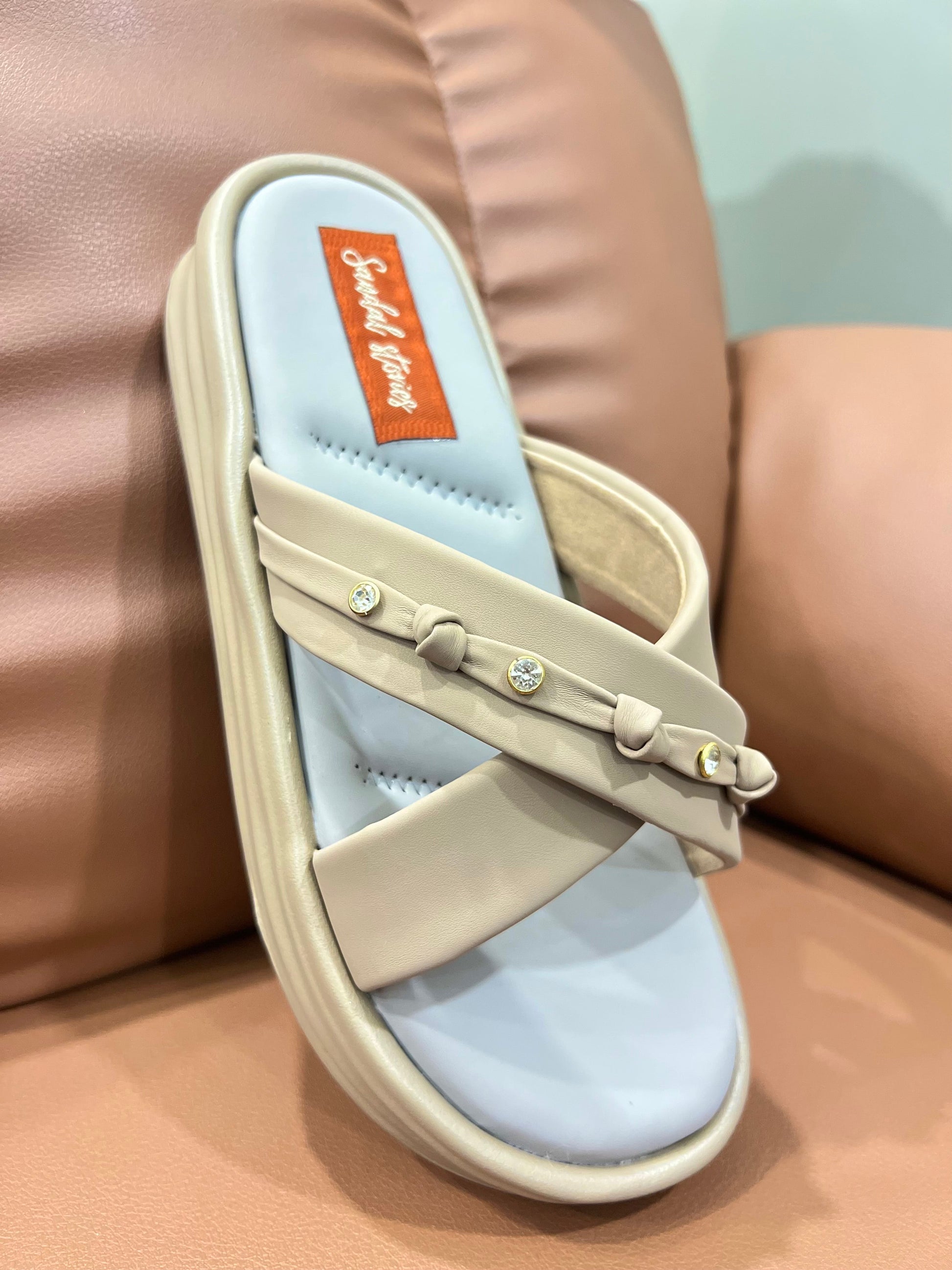 Soft Beige Crystal Cross Wedges Sandal Stories