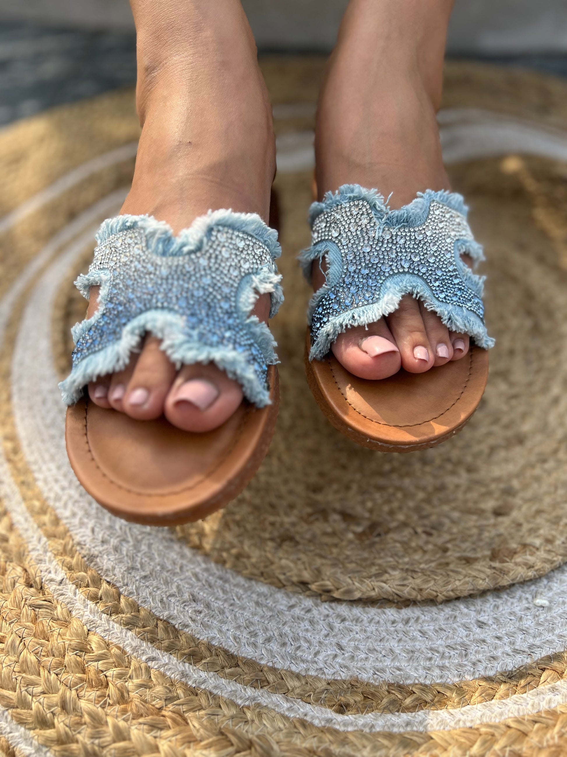 Crystal Denim Chic – Handcrafted Flats Sandal Stories