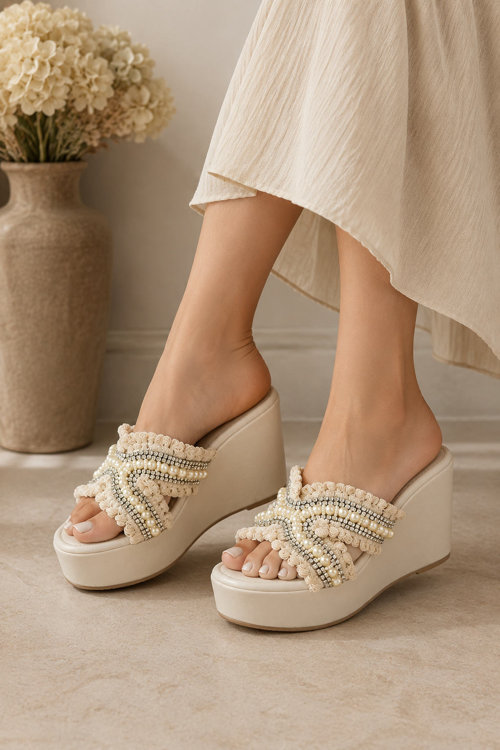 Pearl Bloom Embellished Platform Wedges | 4 Inches