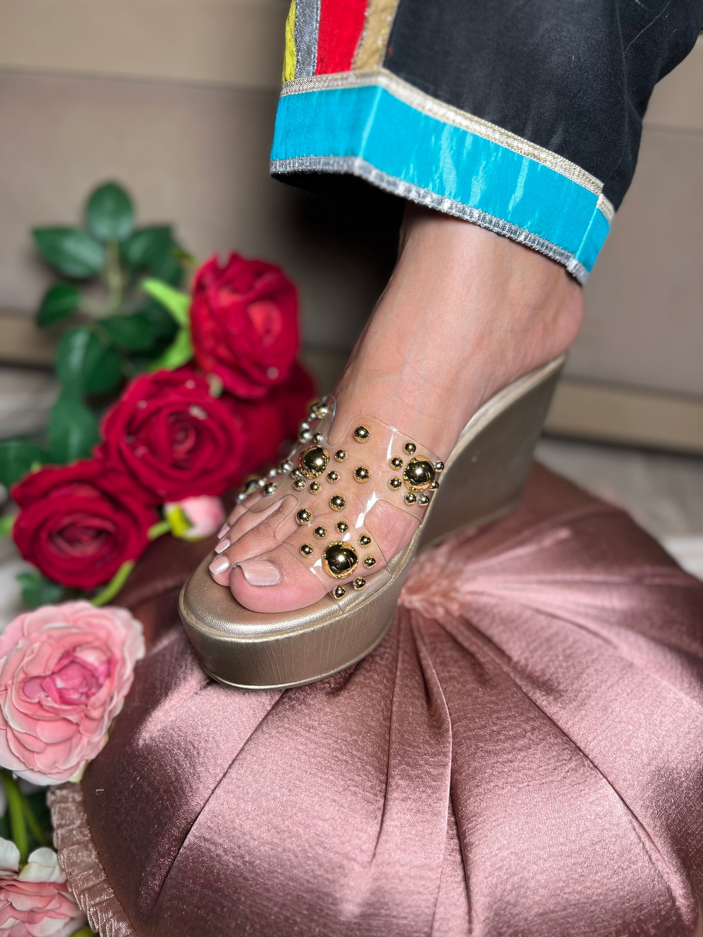 Golden Glam Studded Wedges